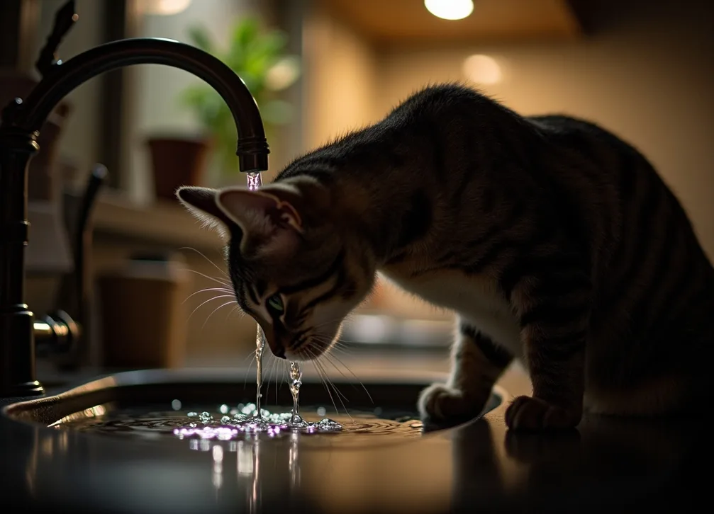 Curious tabby cat drinking from a flowing water fountain on a kitchen counter at night