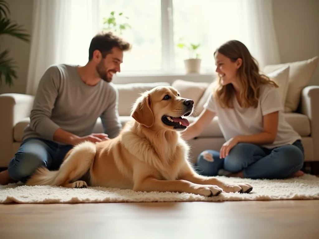 Family with a child and golden retriever playing together on the floor