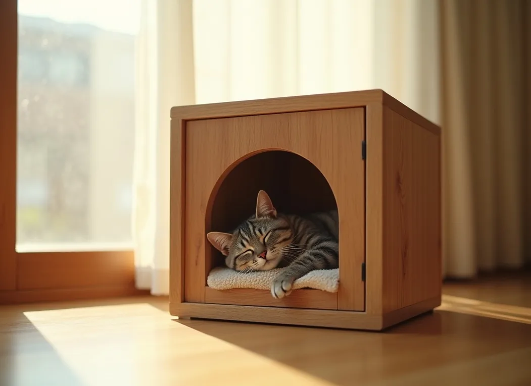 Fluffy grey cat asleep inside a warm oak modular cat house in a sunlit minimalist Japanese room