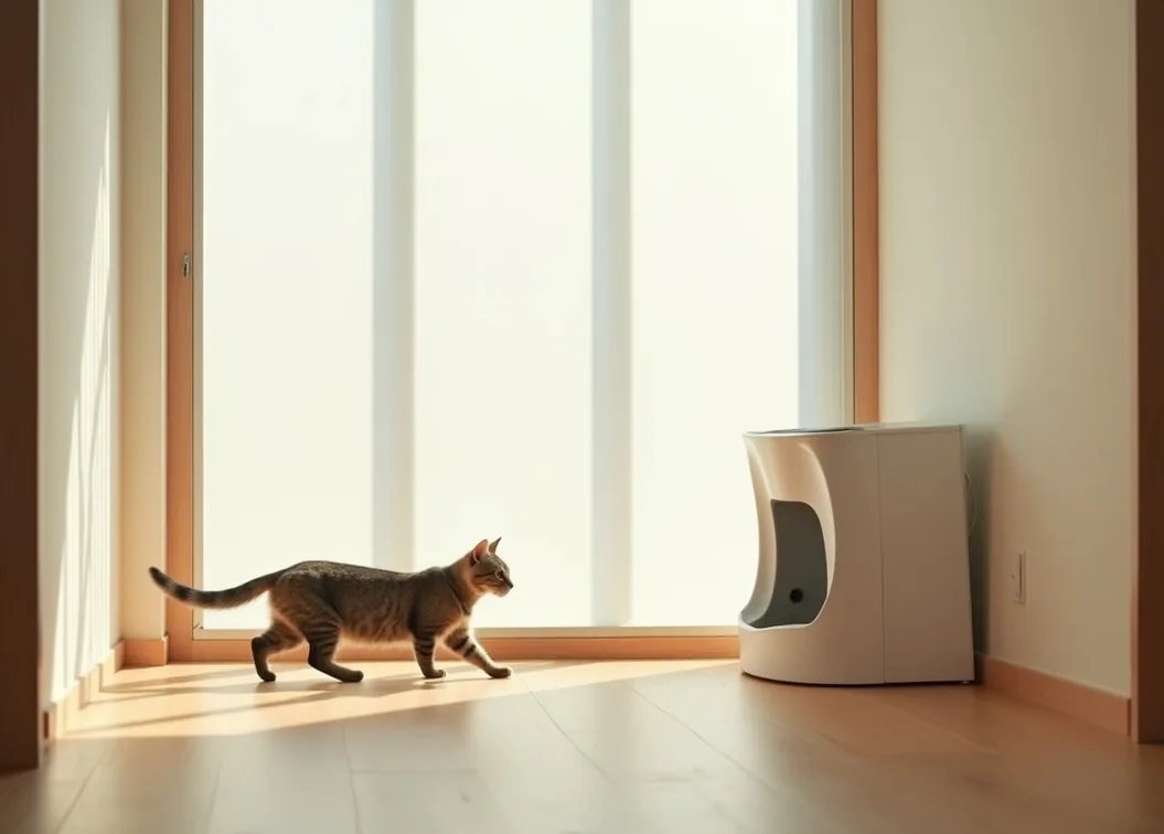 Modern minimalist Japanese apartment interior with a sleek automatic litter box