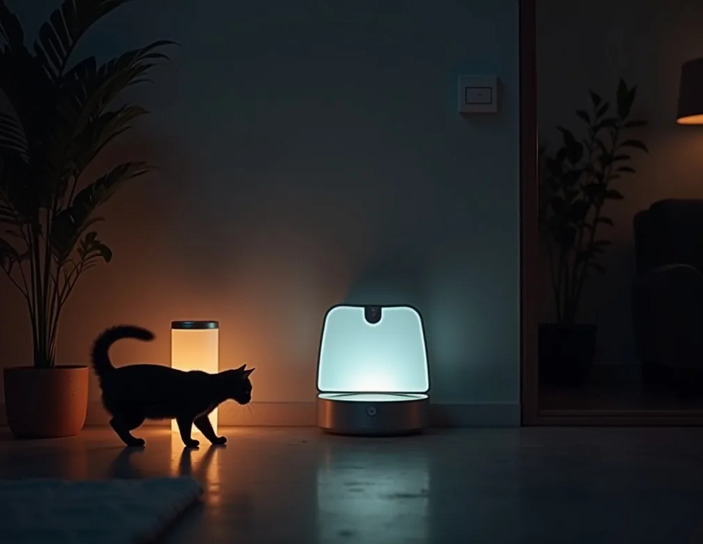 Modern smart home scene at night with a glowing automatic feeder and water fountain