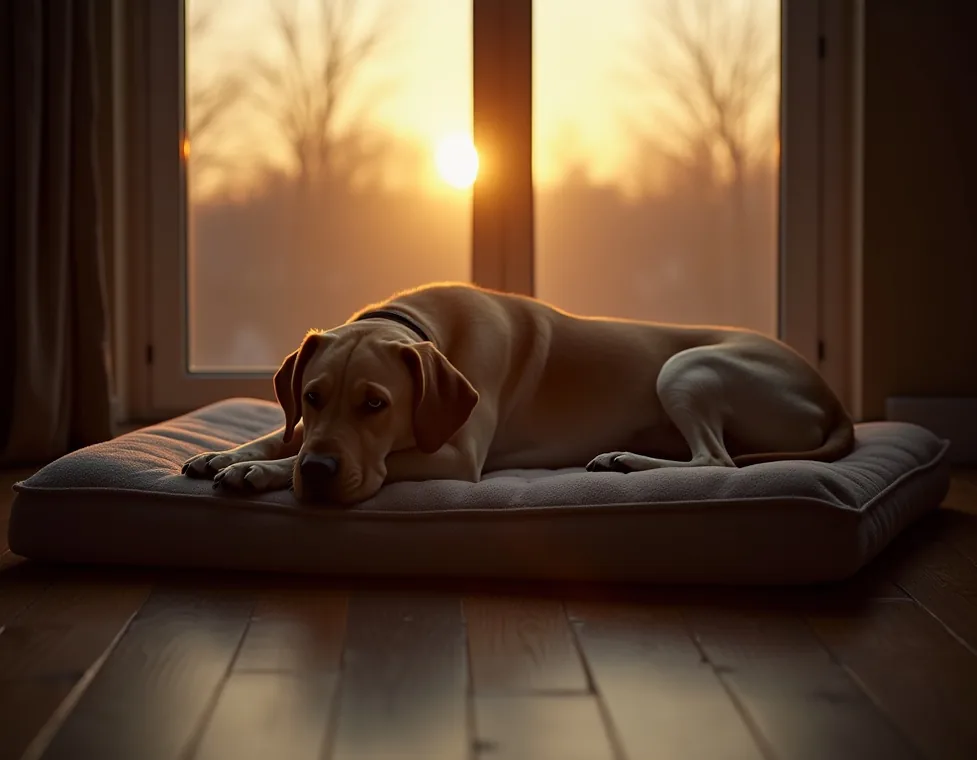 Senior labrador resting peacefully on a plush bed near a large window at dusk