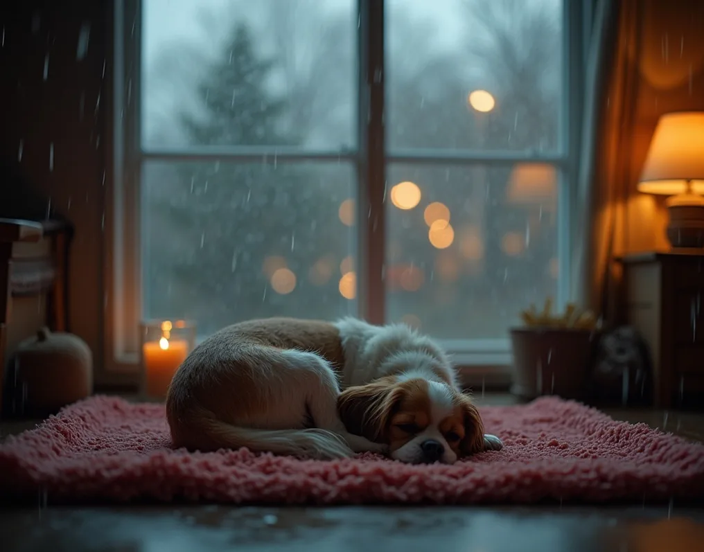 Small dog curled contentedly on a heated mat during a rainy winter evening