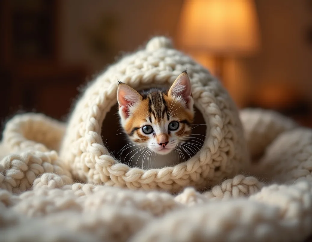 Tiny kitten peeking out from a cream wool dome cave on a knitted blanket
