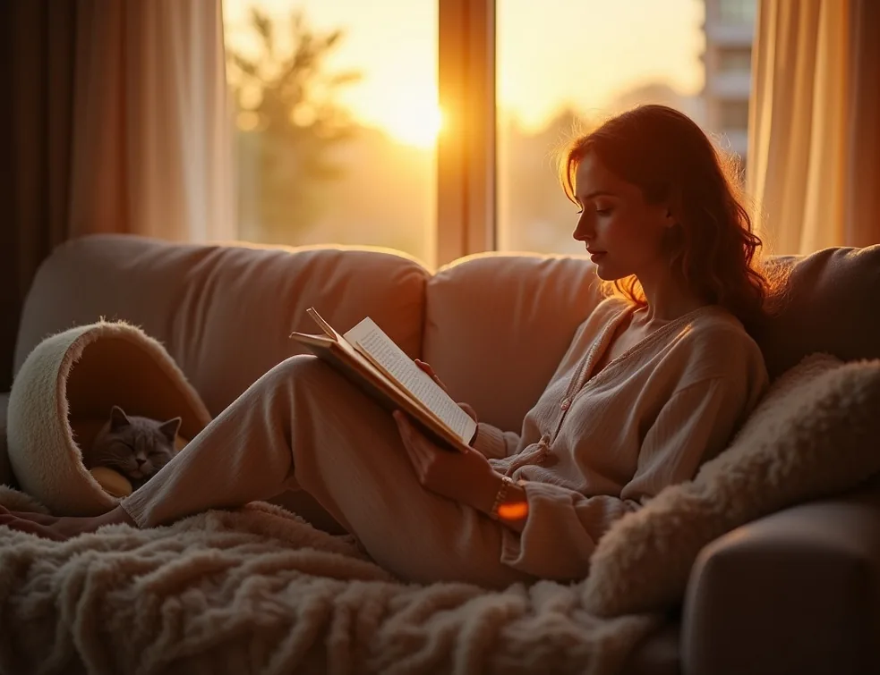 Woman reading on sofa at golden hour while her cat sleeps beside her in a felt dome