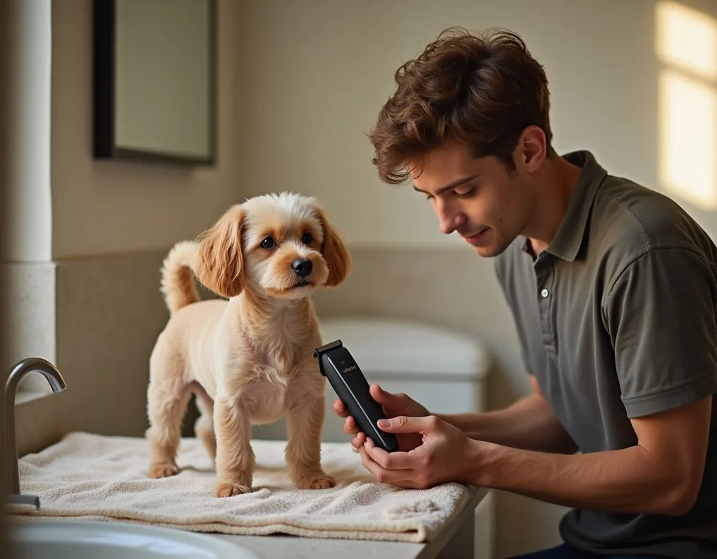 Young man carefully grooming a small poodle with a silent clipper on a soft towel