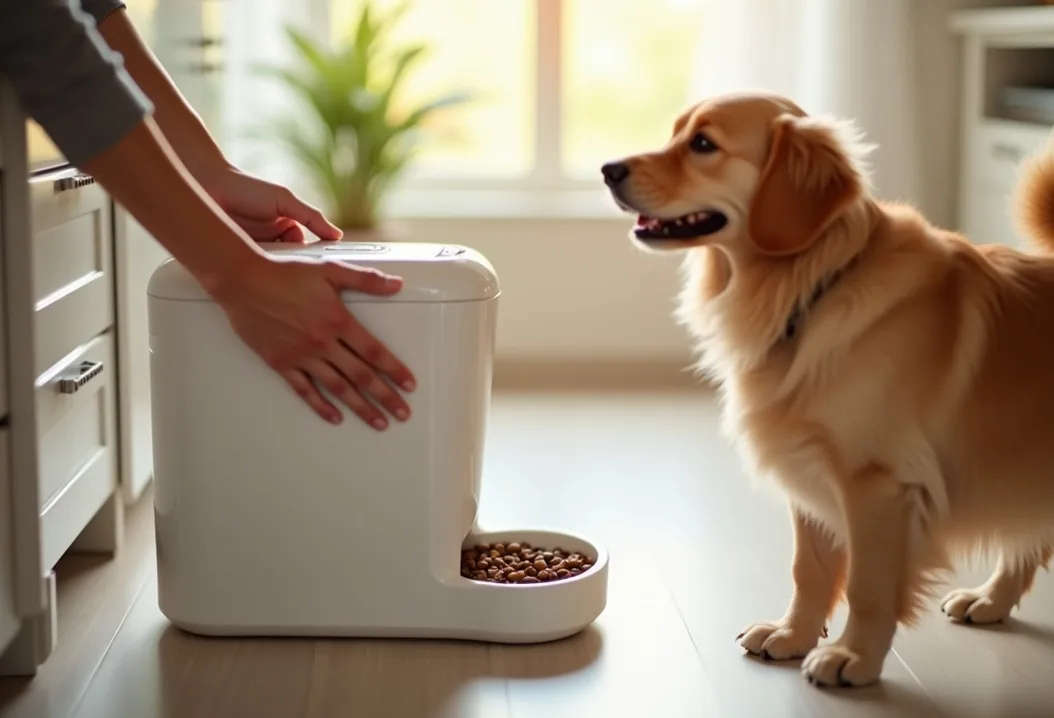 Close up of womans hands refilling a modern automatic pet feeder in a bright kitchen