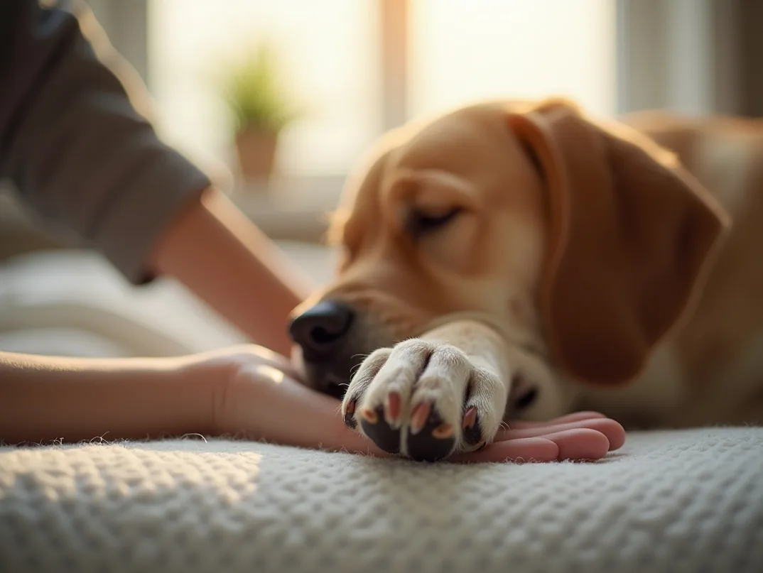 Macro emotional close up of a dogs paw resting on a persons hand beside a comfortable bed