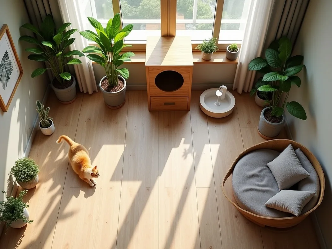 Overhead view of an elegant designer pet corner with oak cat house plush bed and water fountain
