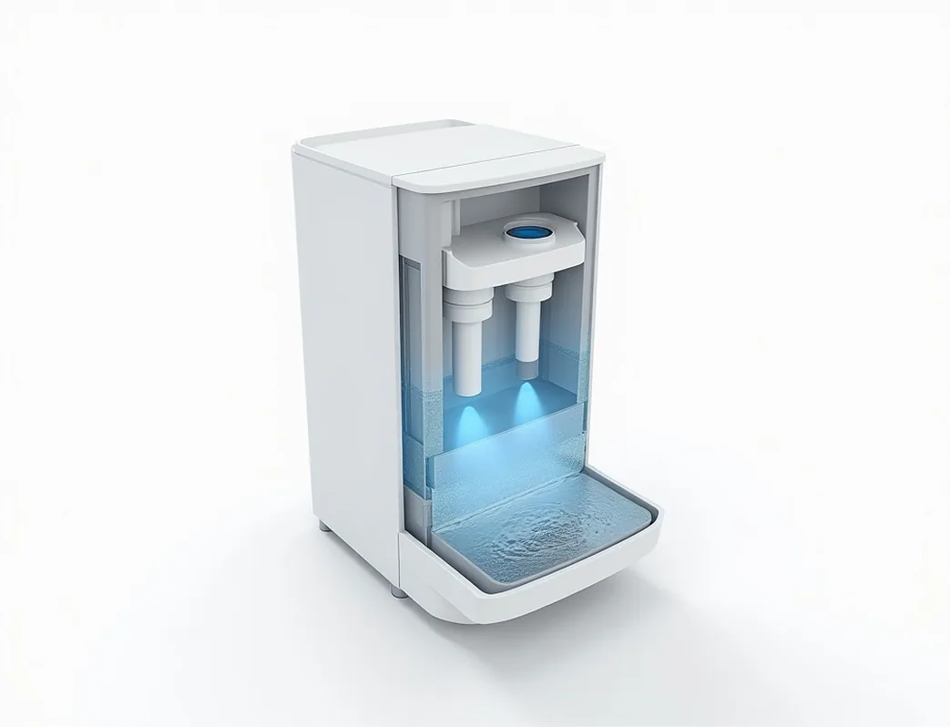 Circulating automatic water fountain revealing the triple carbon filter system