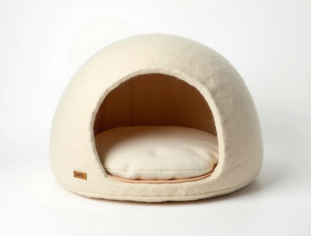 Dome shaped felt pet cave made of natural wool with a rounded half enclosed opening