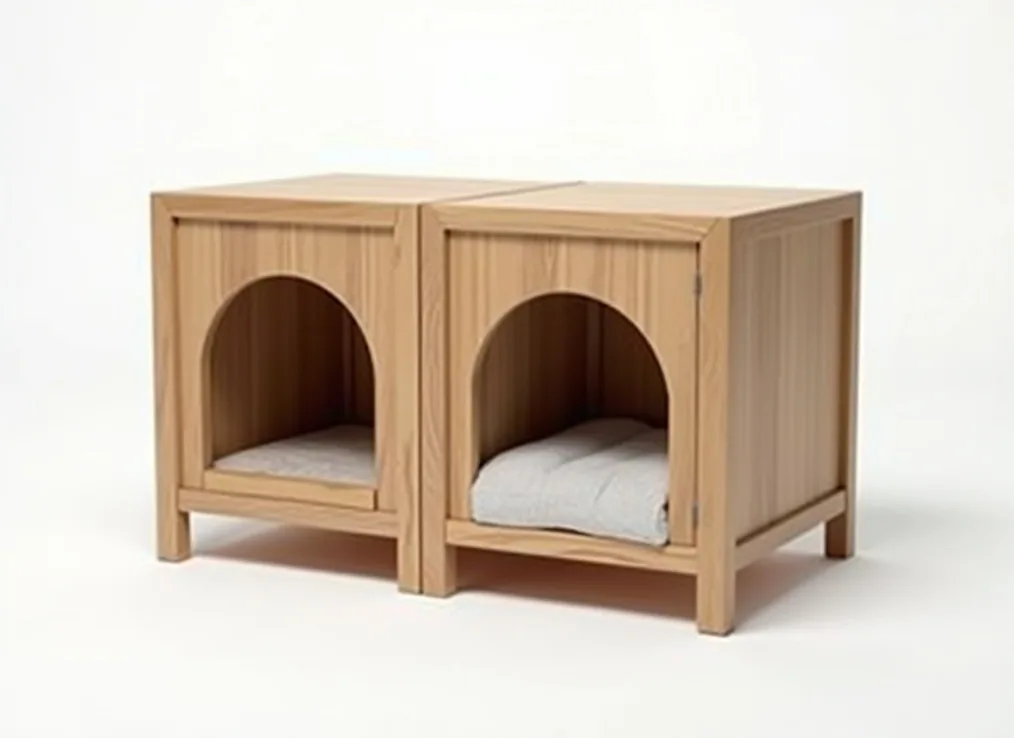 Modular oak cat house made of natural solid wood with clean Scandinavian lines