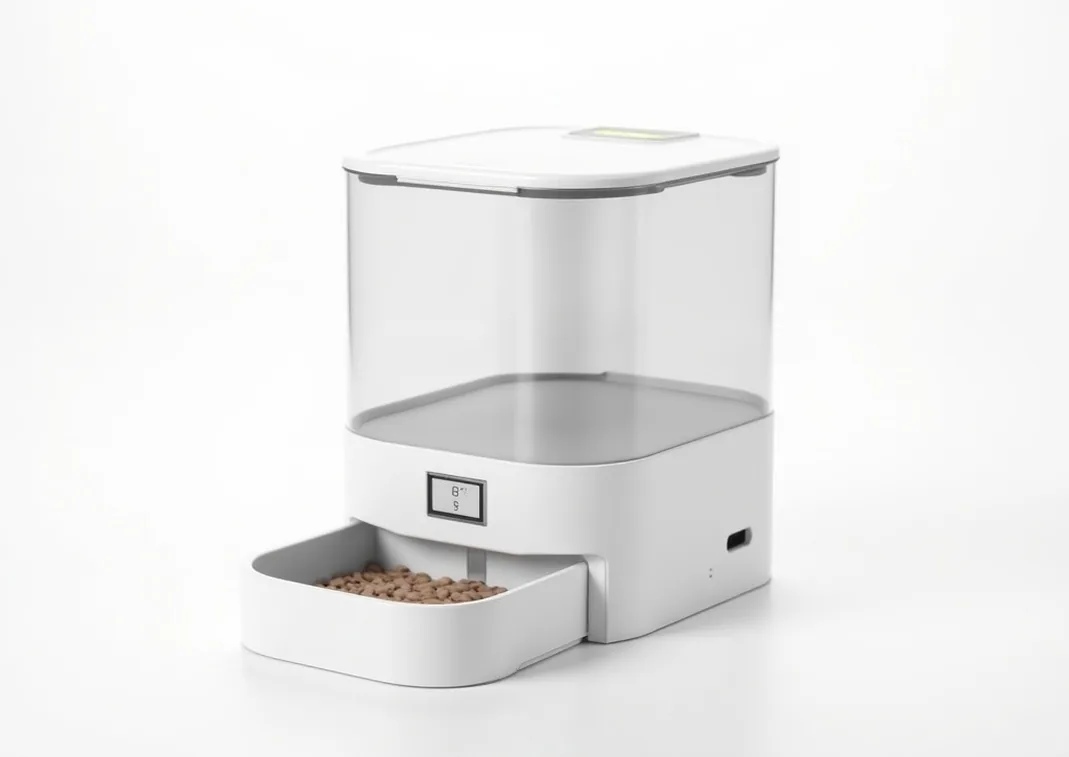 Modern white automatic pet feeder with a transparent 4L food tank